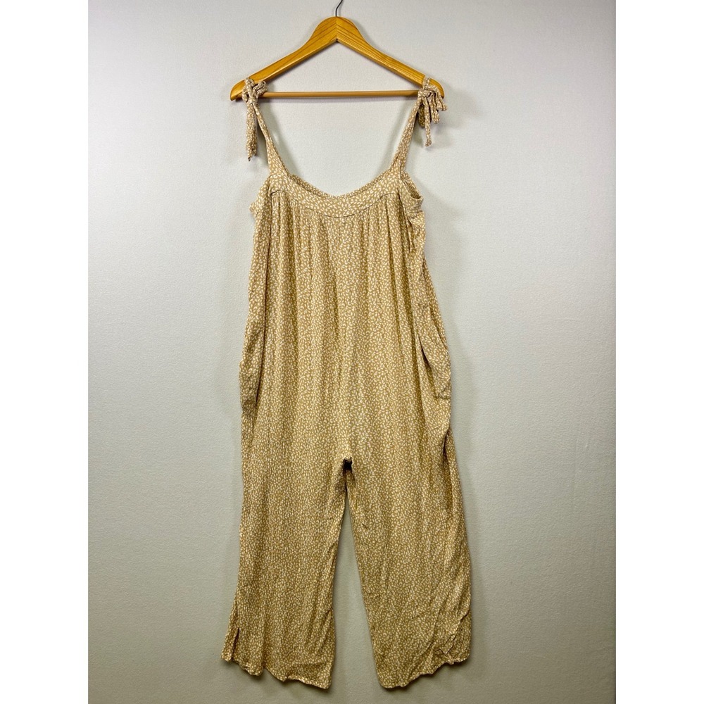 Dee Elly‎ Jumpsuit Women Large Tan White Leaf Print Tie Shoulder Wide Leg Boho